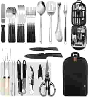 27 Peças Conjunto Portátil de Utensílios de Cozinha, Kit Churrasco com Tabua, Jogo de Churrasco, Jogo de Talheres