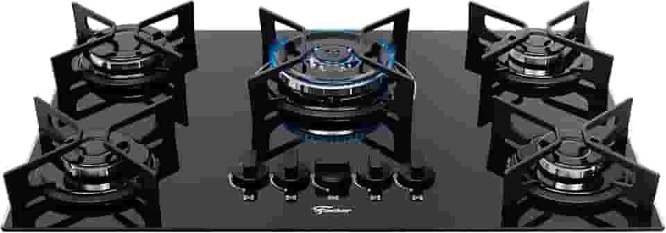 FISCHER COOKTOP À GÁS 5 BOCAS TRIPLA CHAMA FIT LINE TREMPE IRON MESA VIDRO PRETO BIVOLT 36340-102674