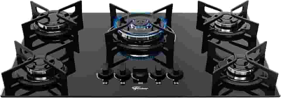 FISCHER COOKTOP À GÁS 5 BOCAS TRIPLA CHAMA FIT LINE TREMPE IRON MESA VIDRO PRETO BIVOLT 36340-102674