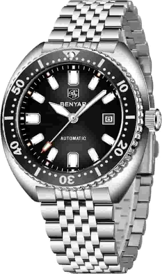 Benyar Relógios automáticos para homens, pulseira de aço inoxidável, relógio de pulso mecânico, masculino 50 m, à prova d'água, calendário, luminoso, para negócios, masculino