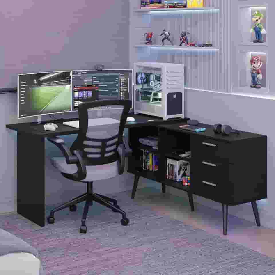 Mesa para Computador Gamer em L 3 Gavetas Preto Lisboa Madesa