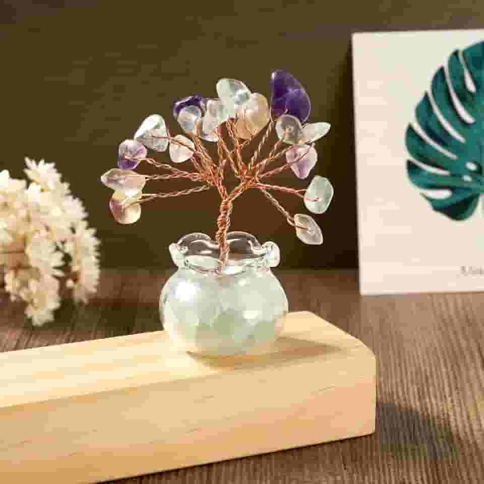 Feng Shui cristal de quartzo árvore do dinheiro sete chacras árvore da vida pedra preciosa natural árvore de cristal envolto em fio de cobre árvores de cristais para riqueza e sala de sorte mesa de