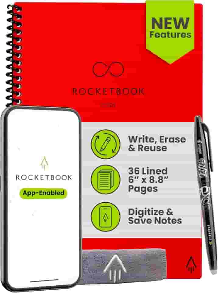 Rocketbook Caderno espiral reutilizável New Core, tamanho executivo 15 x 21 cm, vermelho - páginas forradas, conectadas ao aplicativo, apagável, capa durável, ideal para escola, trabalho e projetos
