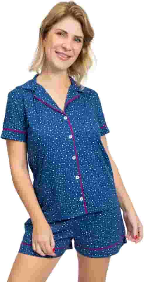 Pijama Algodão Feminino Americano Manga Curta com Botões Verão Adulto indicado Gestante Amamentação e Pós cirúgico -Poá Marinho