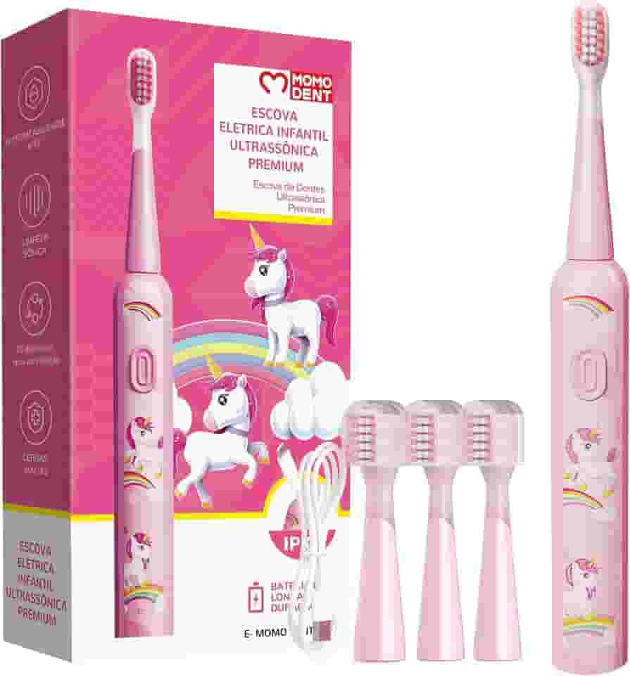 MOMODENT Escova Elétrica Infantil Sônica, Cerdas Extra Macias, 3 Modos de Vibração, 3 Cabeças Substituíveis, IPX7 à Prova D'Água, Recarregável, para Crianças de 3 a 12 Anos (Rosa)