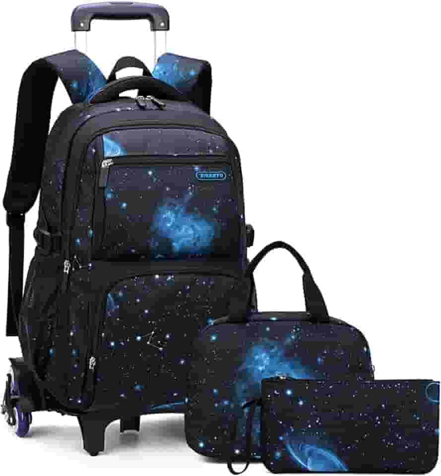 ACAGALA Mochila Rolante Infantil para Meninos e Meninas, com Rodas, Carrinho, Escolar, com Lancheira, Bolsa de Lápis (Céu Estrelado Preto e Azul)