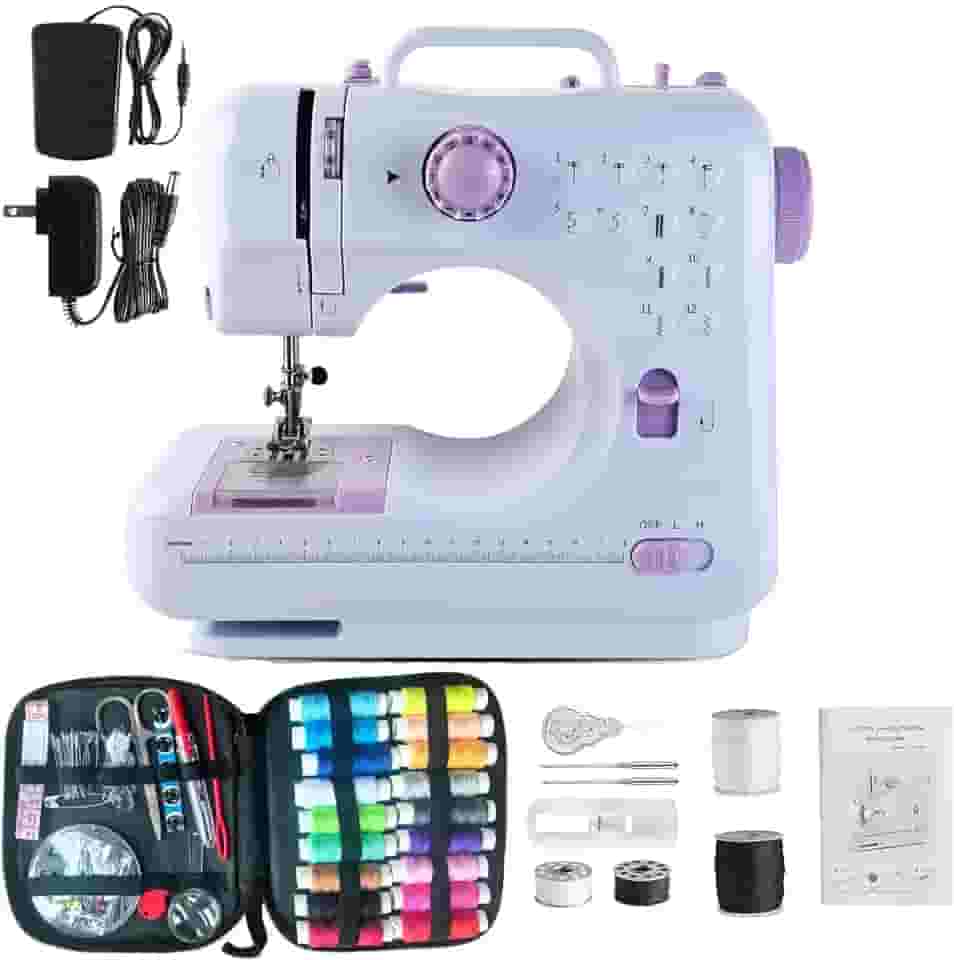 Mini máquina de costura doméstica para iniciantes, pequenas máquinas de costura, 12 pontos embutidos com costura reversa, máquinas de costura portáteis com 27 peças de acessórios