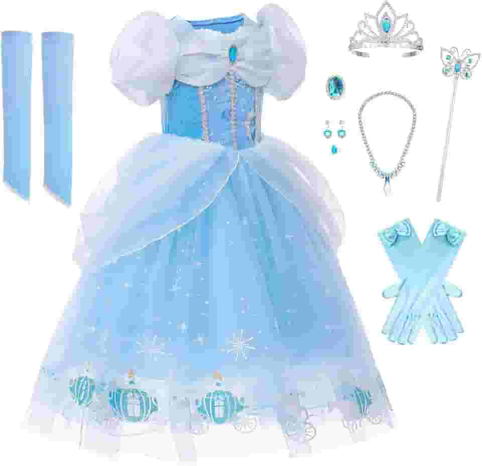 Fantasia de Cinderela para meninas e crianças, vestido de princesa azul com acessórios, roupas de festa de aniversário de Halloween