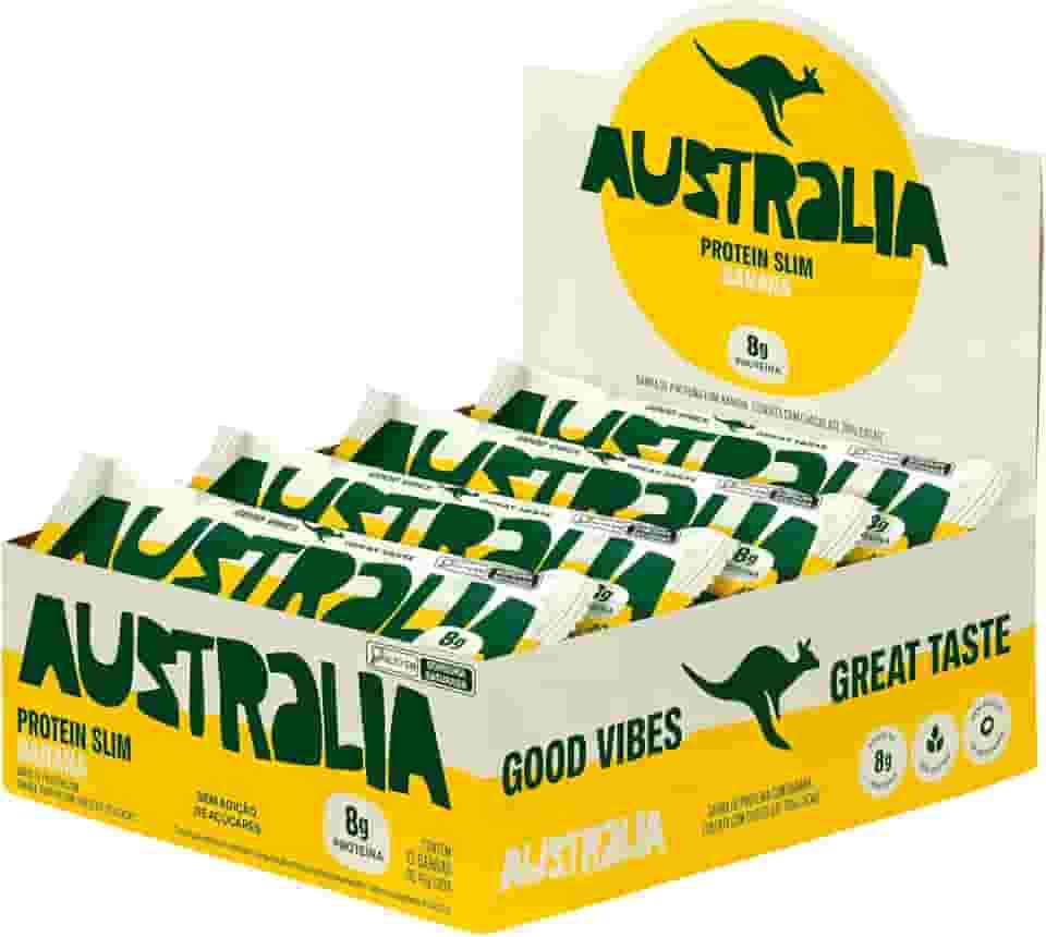 Australia Protein Slim Banana, Barra de Proteína com 8g de Proteína, Sem Adição de Açúcares, Sem Glúten, Display com 12 x 40g