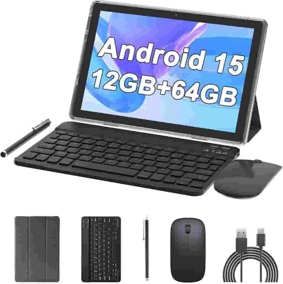 Tablet de 10 polegadas Android 15 (não vai), tablets 2 em 1 com teclado 12 GB de RAM + 64 GB de ROM (suporta expansão de 1 TB) Tableta 2 MP + câmera de 8 MP 6000 mAh, mouse/capa/Stylus 5G Wifi-6