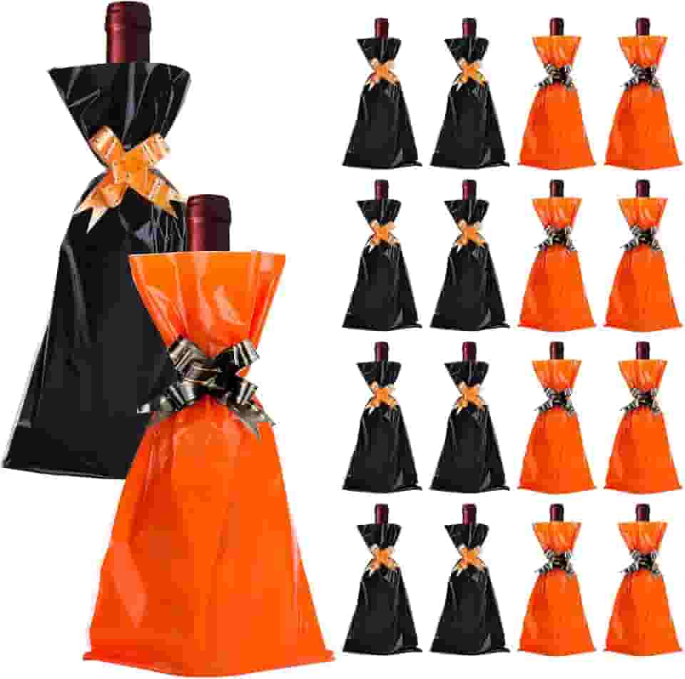 Whaline 50 peças de sacos de celofane para garrafa de vinho de Halloween, saco de presente de vinho com laços de puxar preto e laranja para decoração de mesa de festa, presente de casa