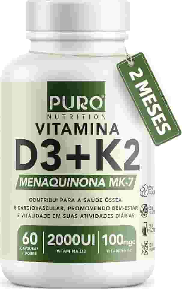 Vitamina D3 + K2 Puro Nutrition 2000 iu D3 com 100mcg de Vitamina K2 MK-7, 60 Cápsulas