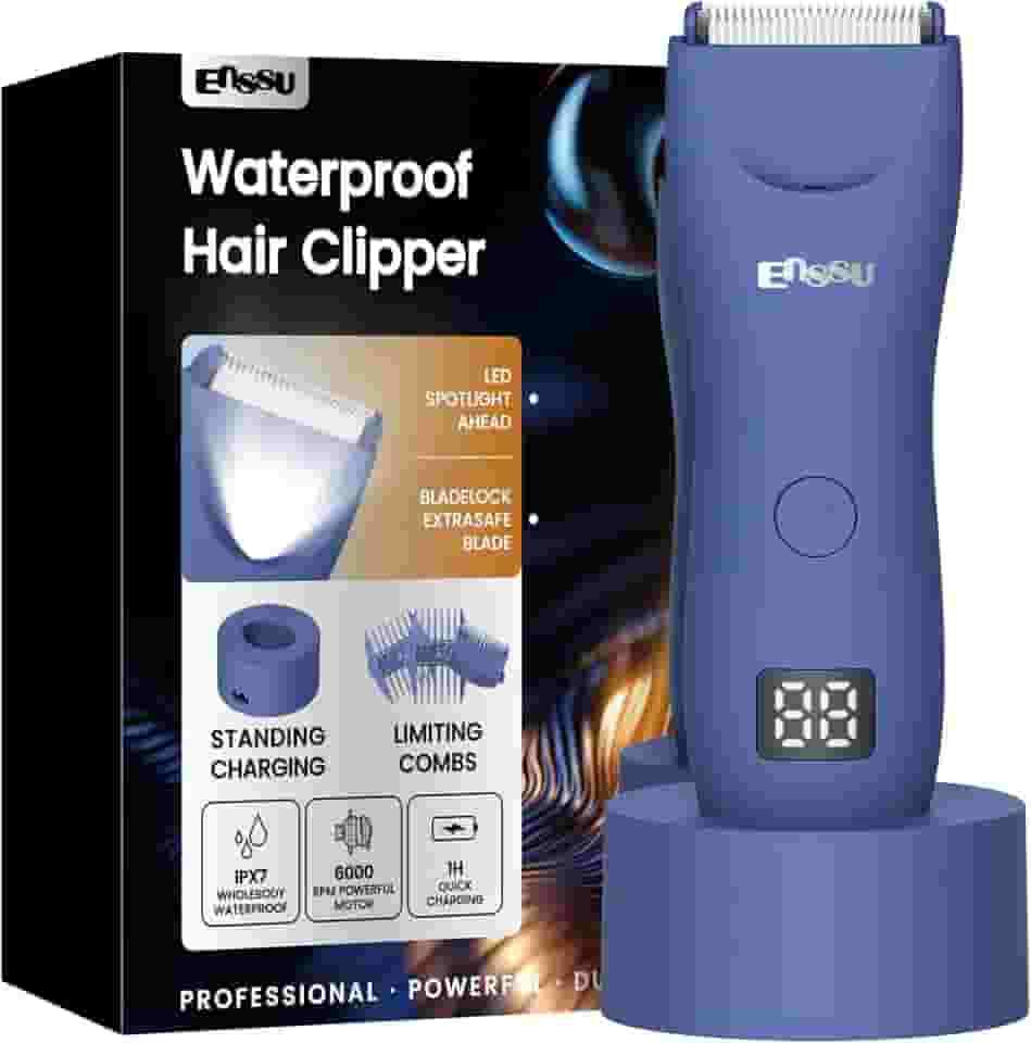 ENSSU Aparador de pelos corporais masculino – Aparador Meridiano à prova d'água com luz LED, motor rápido de 6000 RPM, 5 configurações de comprimento, IPX7 para púbico, peito e bolas (Azul)
