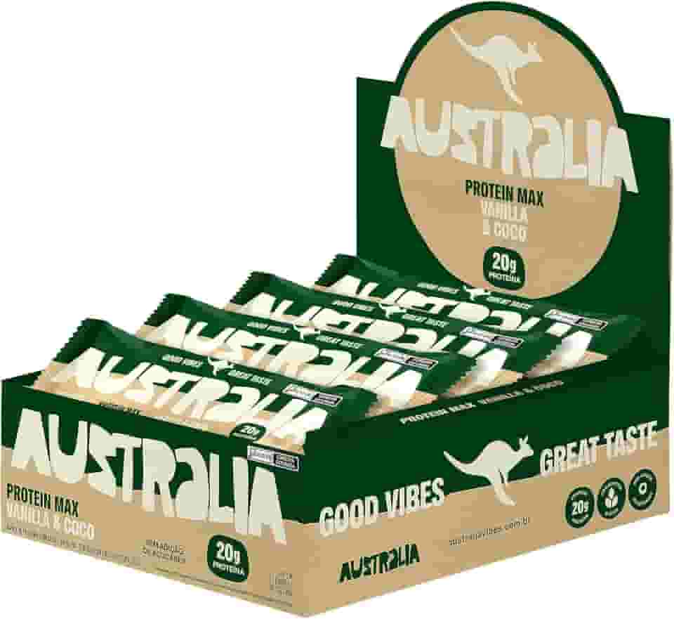 Australia Protein Max Vanilla & Coconut 70g, Barra de Proteína, Sem Glúten, Lactose e Açúcar Adicionado, Snack Saudável Plant-Based (12 unidades)