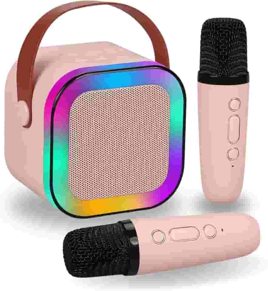 Karaoke Infantil Portátil com 2 Microfones Recarregável e Modos de Voz Divertidos - Diversão Musical para Crianças! (Rosa)