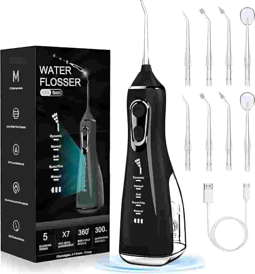 Irrigador Bucal & Oral Portátil Recarregável - Limpeza Profunda com 5 Níveis de Pressão, 8 Ponteiras, Tanque 300ml, À Prova d’Água - Jato Dental Ideal para Aparelhos Ortodônticos, Implantes e Gengivas