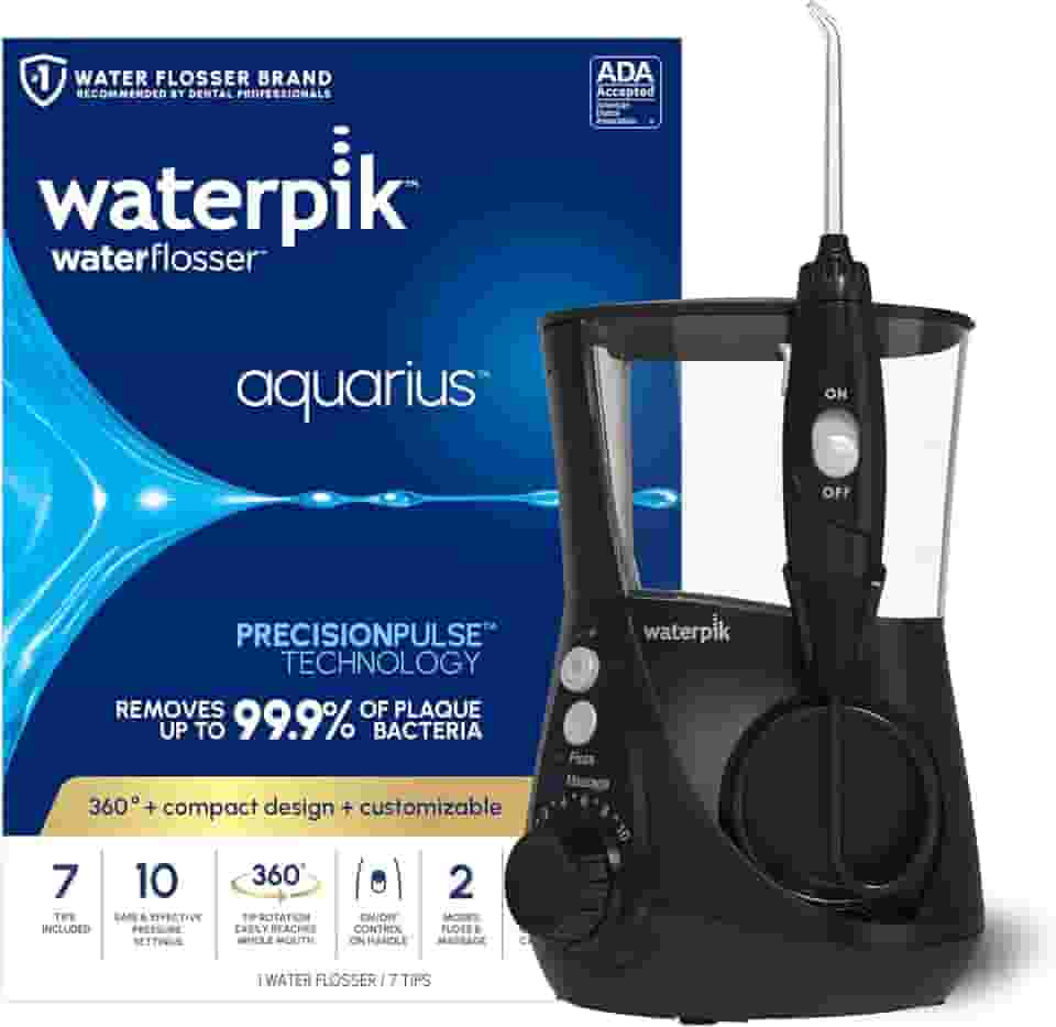 Waterpik Aquarius Water Flosser Professional para dentes, gengivas, órteses, cuidados dentários, energia elétrica com 10 configurações, 7 dicas para vários usuários e necessidades, aceita ADA, preto