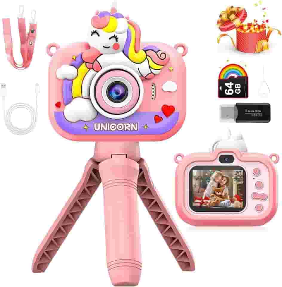 Máquina Fotográfica Infantil Selfie Câmera Digital, Presentes Brinquedo Menina de 3 a 12 anos, 96 MP, Pantalla 2" IPS 1080P HD, 600mAh com Jogos Divertidos Portátil, 64 G SD (Unicórnio Rosa