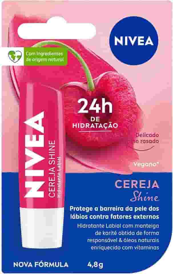 NIVEA Hidratante Labial Cereja Shine 4,8g - Cuidado e proteção para seus lábios por 24h, além de delicioso aroma de cereja e delicado brilho rosa