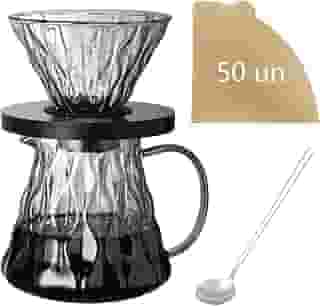 Kit Café 3 em 1 com Cafeteira de Vidro, 50 Filtros Cônicos de Papel Natural e Colher de Aço Inoxidável - Conjunto Completo para Preparo de Café (cinzento)