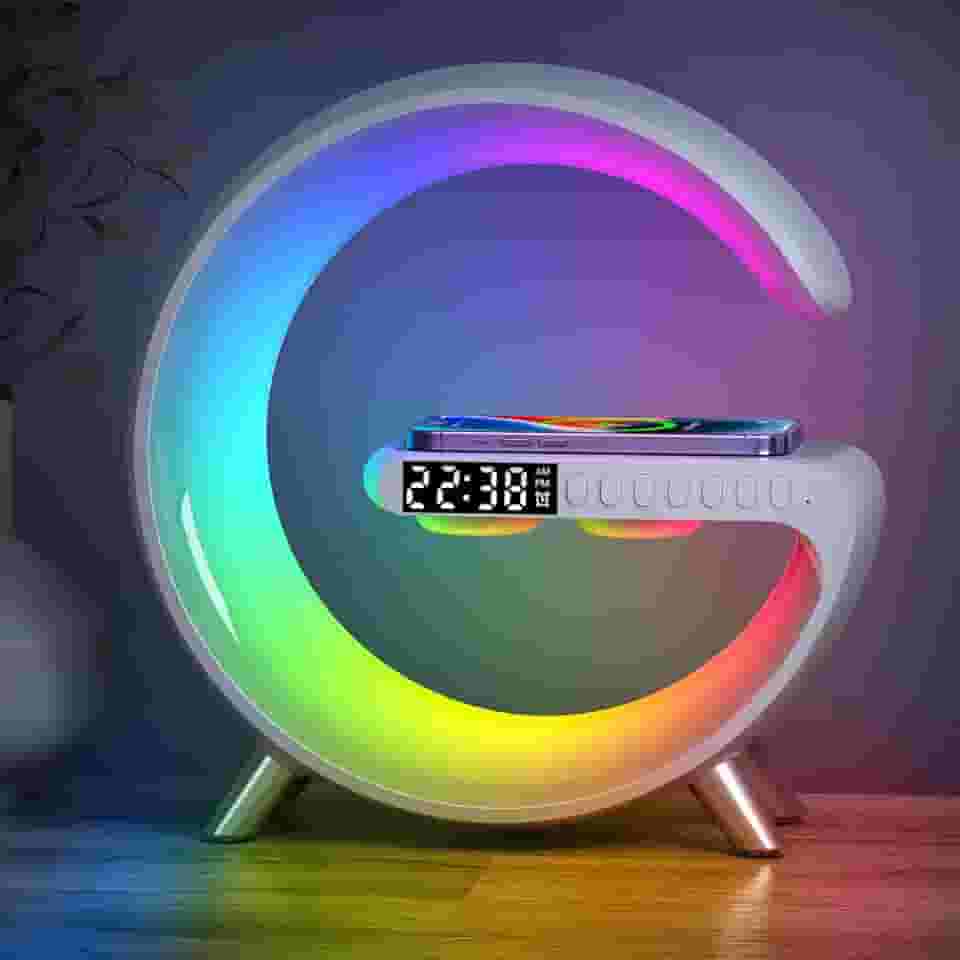 BKDRL Lâmpada de alto-falante Bluetooth com carregador sem fio, luz noturna RGB, despertador, controle de aplicativo - branca