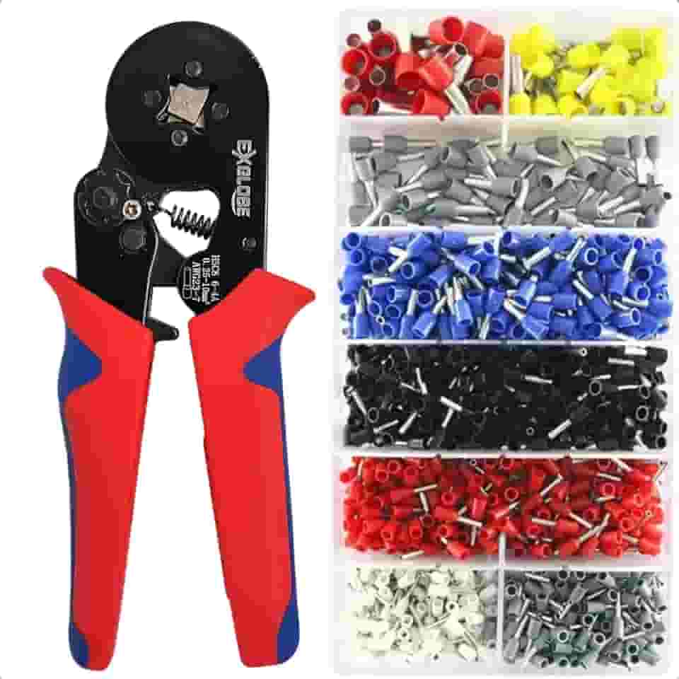 Alicate de Crimpar Hsc8 6-4a com 1900 Ilhós, Prensa Fio, Kit Ferramentas Eletricista com Alicates, Corta Cabos, Desencapadores, Ferros de Soldar e Conectores EXGLOBE