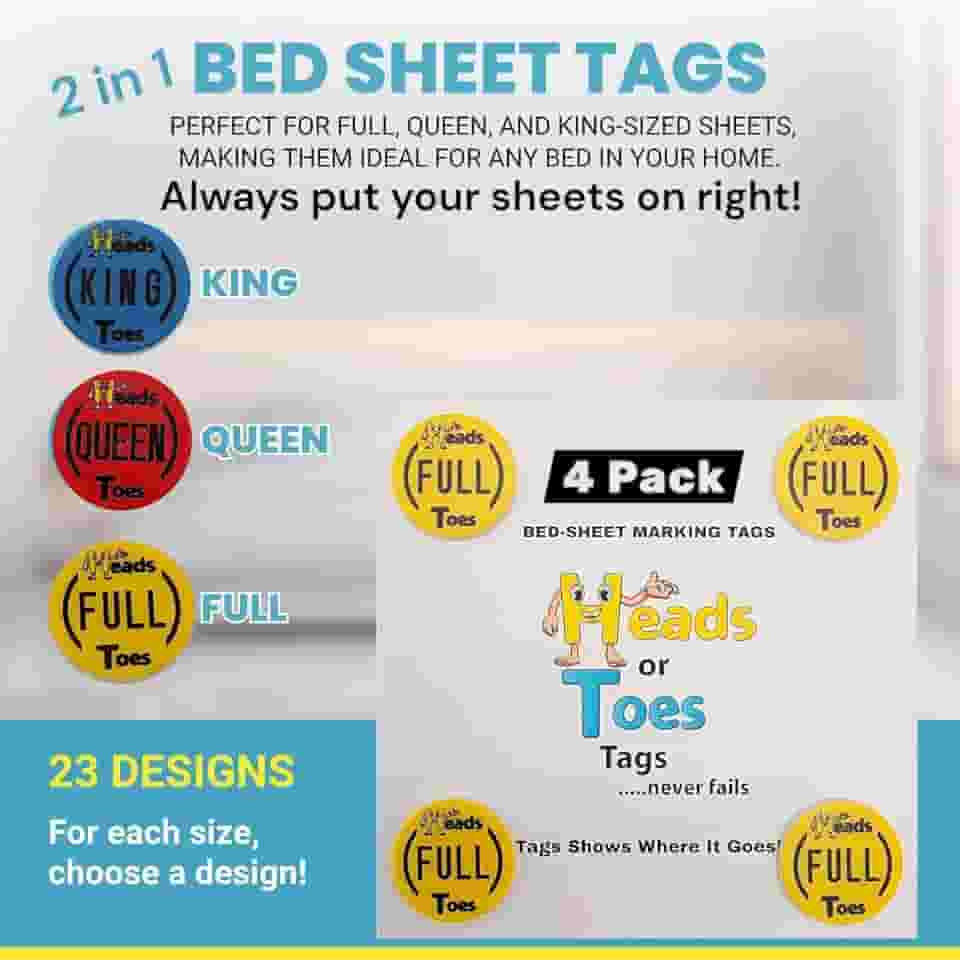 Etiquetas de marcação de lençol 2 em 1 - King, Queen ou casal. Para cada tamanho, escolha um design. Além de identificação rápida para colocar seus lençóis de cama na direita, ótimas ideias de