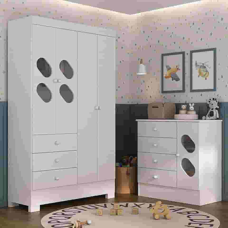 Quarto Infantil com Guarda Roupa e Cômoda Stella Branco