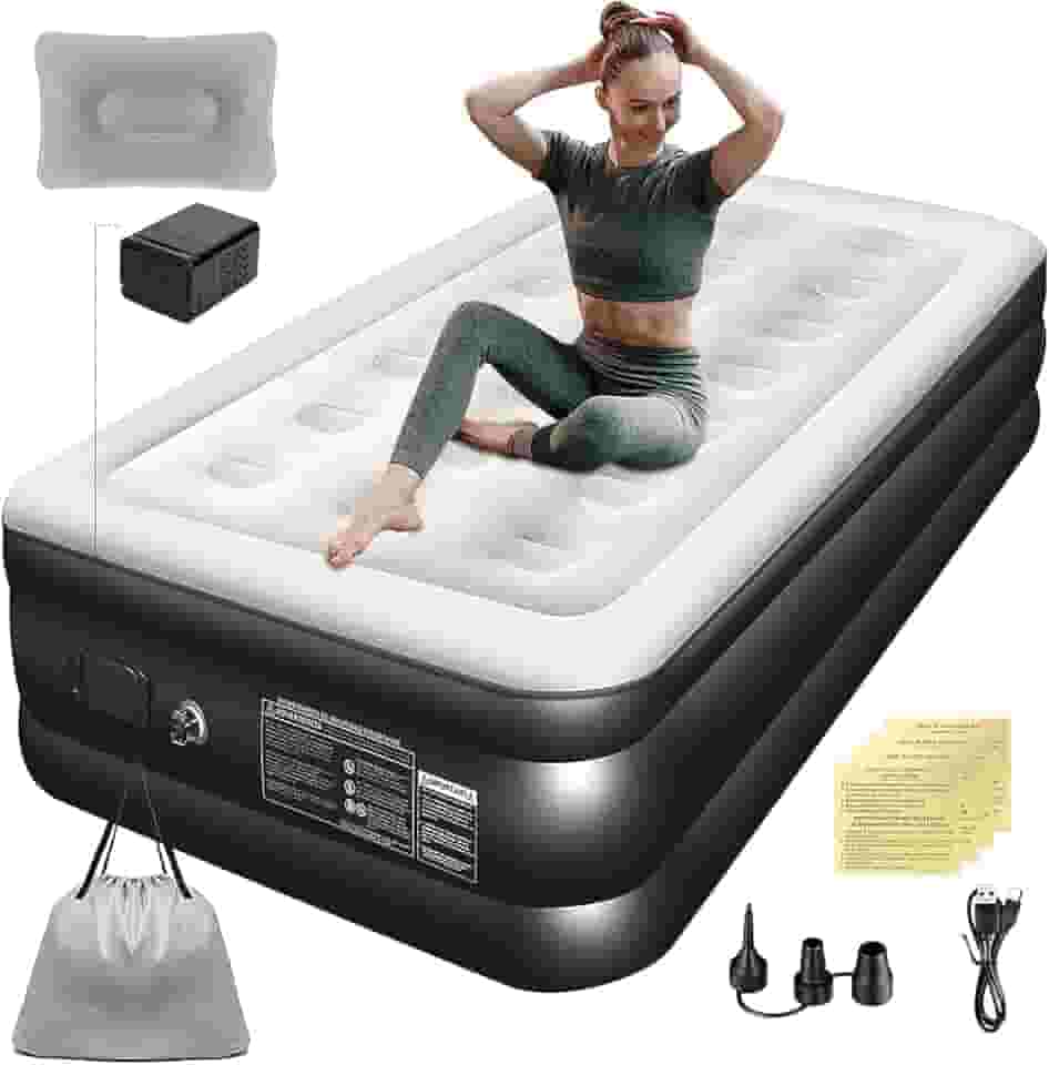 Colchão Inflável Solteiro 1,91*1M com Bomba de ar Elétrica Recarregável Embutida, Almofadas Infláveis, com Inflação e Deflação Rápidas e Automáticas, para Famílias e Camping (Preto e Branco)