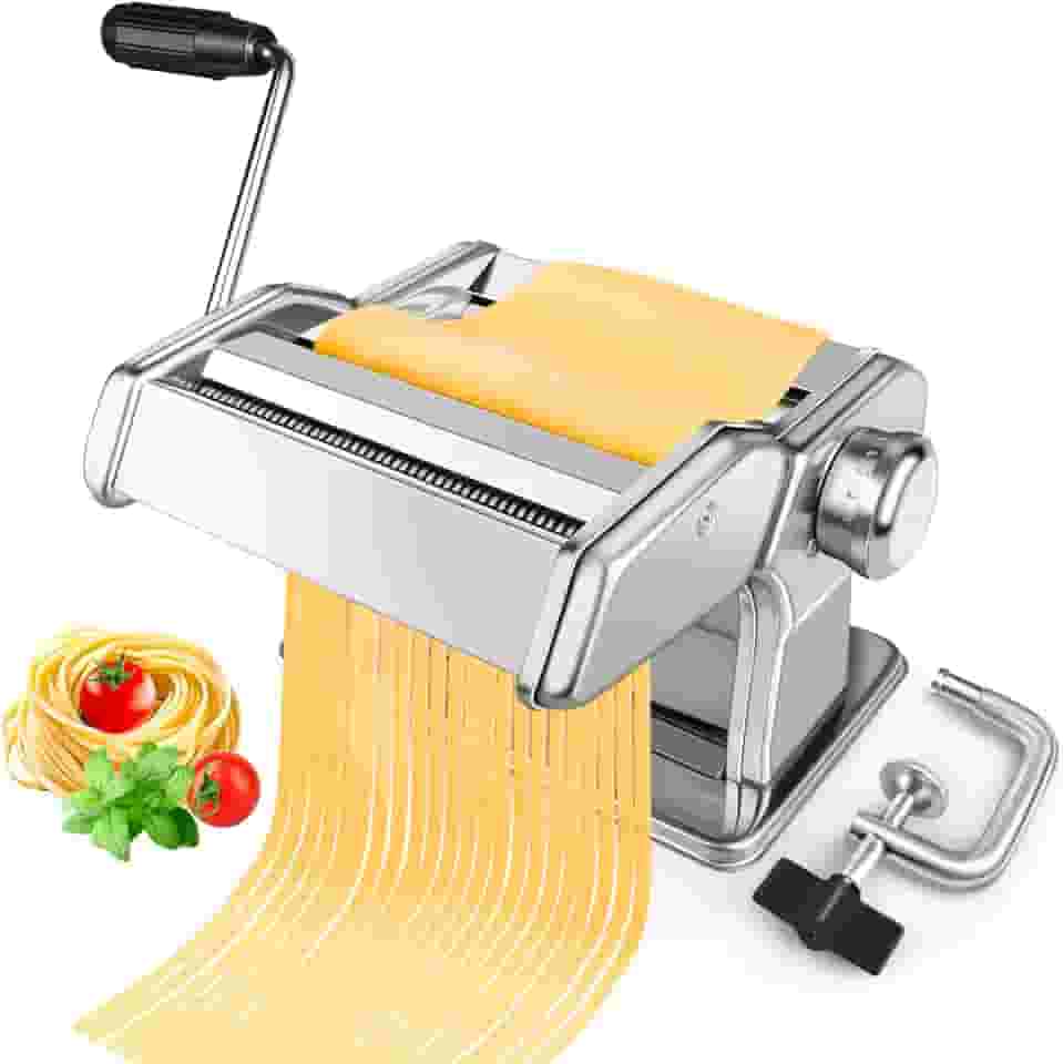 Máquina de fazer massas com 7 configurações de espessura, cortador 2 em 1, manivela manual e braçadeira de mesa, máquina de massa manual de aço inoxidável para espaguete, fettuccine, lasanha, ravioli