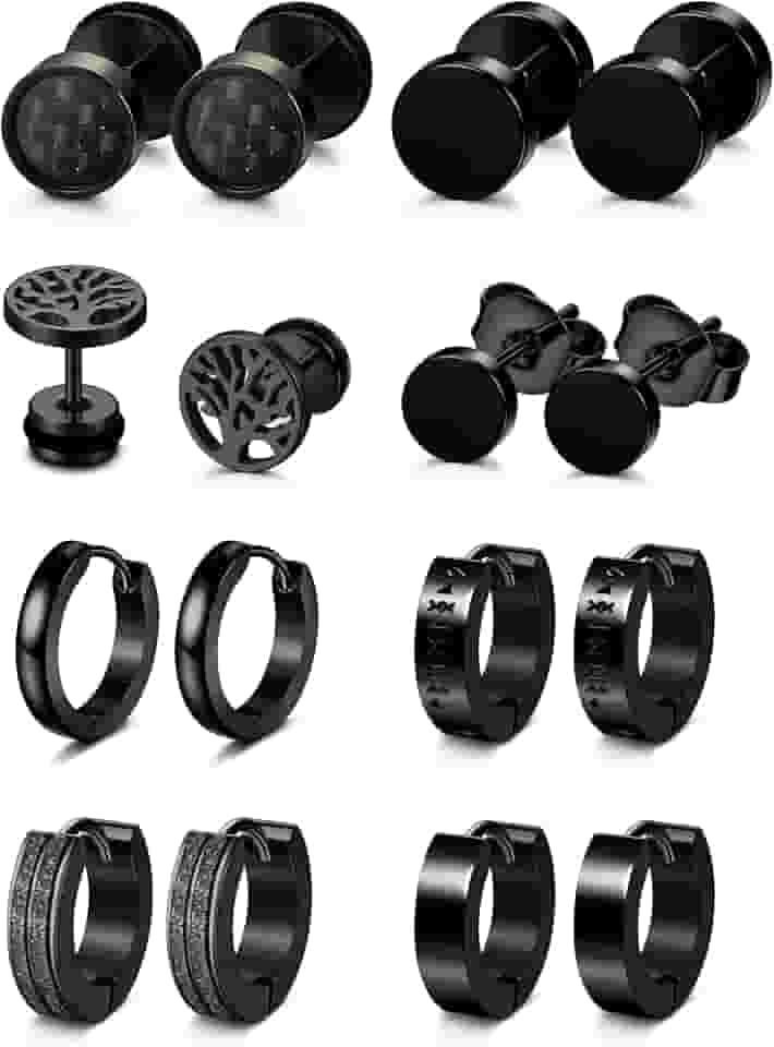 8 pares de brincos masculinos pretos de aço inoxidável preto para homens