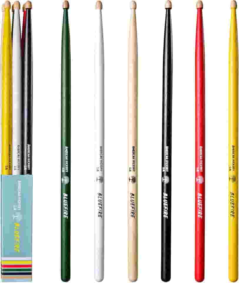 6 bastões/3 pares de baquetas 5A (cor sortida), baquetas clássicas de 5A, baquetas de nogueira com pontas de bolota, para bateria acústica ou eletrônica, baqueta Bluefire, peso correspondente.