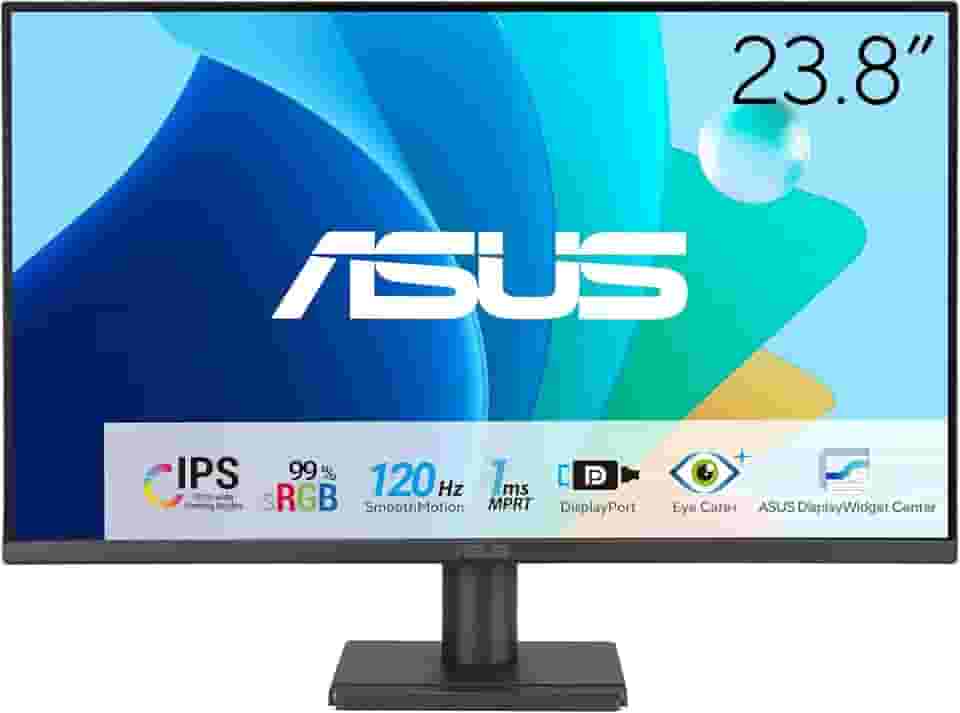 ASUS Monitor de cuidados oftalmológicos 1080P de 61.0 cm (VA249QG) - IPS, Full HD, 99% sRGB, sem moldura, 120Hz, sincronização adaptável, 1ms, alto-falantes, HDMI, DisplayPort, VGA, pouca luz azul