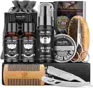 Comfy Mate Kit de Barba Isner Mile - Kit de Cuidados com Barba Completo com Xampu, Óleo, Bálsamo, Escova, Pente, Tesoura e Bolsa de Armazenamento - Presente para Homens