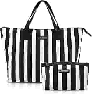 KIT DE BOLSA 2 EM 1 TRANSPARENTE BOLSINHA COM ALÇA FLORAL E LISTRAS PRAIA PISCINA COLECTION BEM ME QUER JACKI DESIGN PRETA