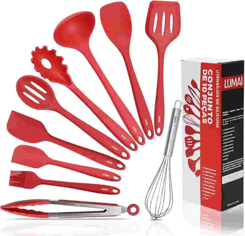 LUMAI Kit 10 Utensílios de Cozinha em Silicone e Aço Inox, Resistentes ao Calor e Antirriscos, Não Arranham, Conjunto Acessórios de Cozinha Completo com Espátula, Pegador, Concha, Colher – Vermelho