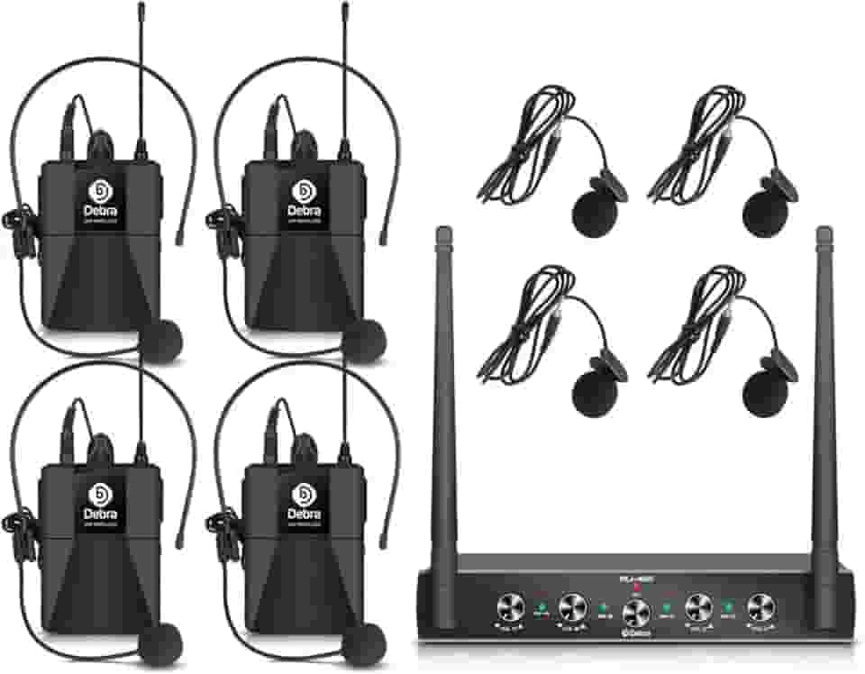 Sistema de microfone sem fio Debra Audio Pro UHF de 4 canais com fones de ouvido de lapela sem fio, receptor de metal, ideal para festa de karaokê na igreja (com 4 bodypacks (A))