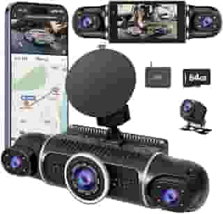 Câmera de painel frontal e traseira de 360° FHD 2K + 1080px3 para carro, interior/traseiro 170° + 2x150° amplo angular de 170° + 170°, 8 lâmpadas infravermelhas, visão noturna, WiFi, GPS, aplicativo