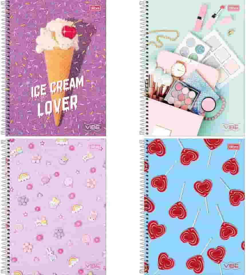 Kit com 4 Cadernos de 1 Matéria, Tilibra, Capa Dura, Vibe Feminino, 80 Folhas, Capas Sortidas