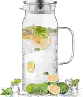 Bivvclaz Jarra de vidro de 2 litros com tampa e alça, jarra de vidro para água quente/fria, grande jarra de chá gelado para café, suco e bebidas caseiras