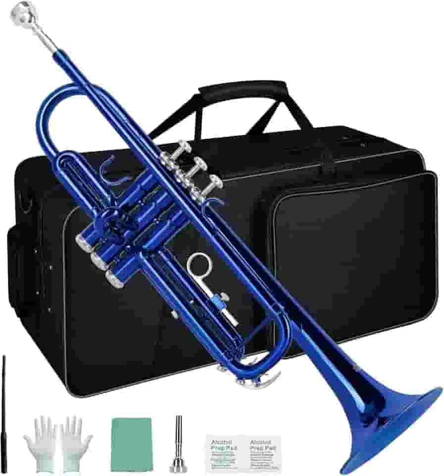 VEDO Kit para iniciantes de trompete em Si bemol, instrumento de sopro de metal para estudantes, estojo rígido, ferramentas de limpeza, bocal 7C e luvas. (Azul)