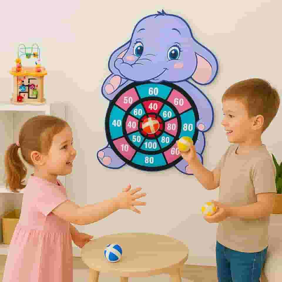 Painel Alvo Infantil Elefantinho 43x30cm com Bolinhas que Grudam – Jogo Educativo de Arremesso, Coordenação Motora, Brinquedo Seguro e Divertido para Crianças