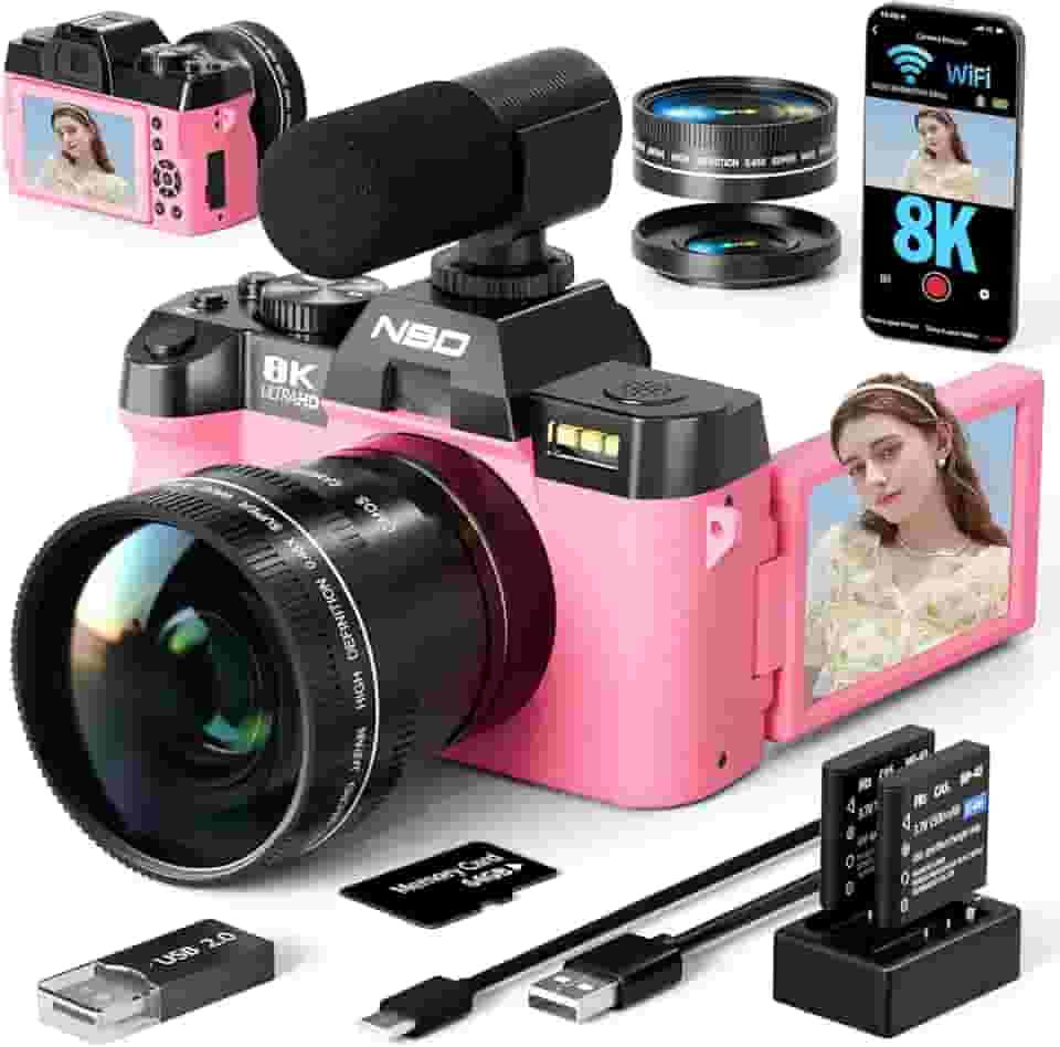 Câmeras digitais 8K para fotografia 64MP - foco automático com zoom de 16X, WiFi, tela flip de 180° com lente grande-angular e macro, câmera vlogging para viagens no YouTube com cartão TF de 64 GB, 2