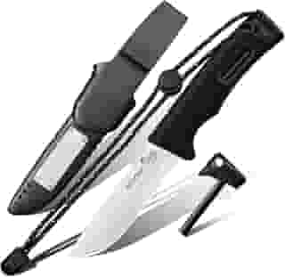 HX OUTDOORS Faca Bushcraft extra afiada, faca de acampamento de sobrevivência de lâmina fixa de aço inoxidável 5Cr15MoV com acionador de fogo e bainha de plástico para atividades ao ar livre, mochila