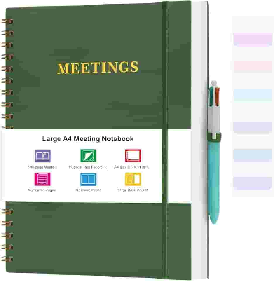Meeting Notebook for Work, Notebooks for Work 8.5" x 11", Professional Meeting Notes Notebook for Women Men, Large Spiral Notebook with Numbered Page, Sticky Tabs, PVC Pockets for Organization, Green