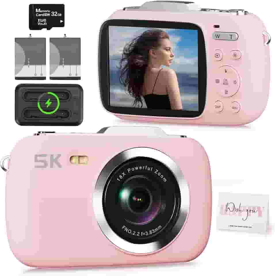 Câmera digital rosa 5K para fotografia, câmera de vlogging portátil UHD de 80 MP, câmera de disparo e ponto de viagem com zoom 18X barata com cartão TF de 32 GB, câmeras fotográficas para adolescentes