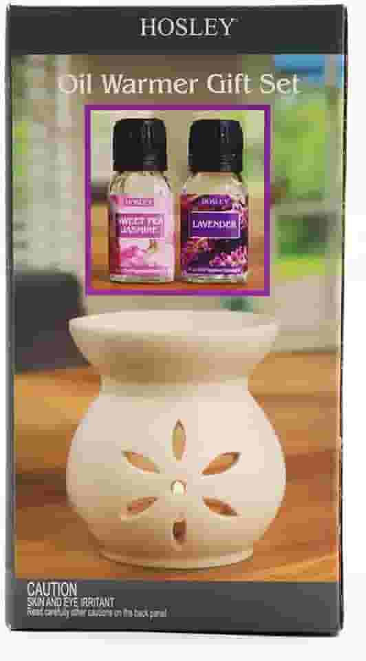 Hosley Aquecedor de óleo de cerâmica branca com 2 conjuntos de óleo de aquecimento de 10 ml, use com velas ideais para spa e aromaterapia, use óleos essenciais e óleos de fragrância da marca