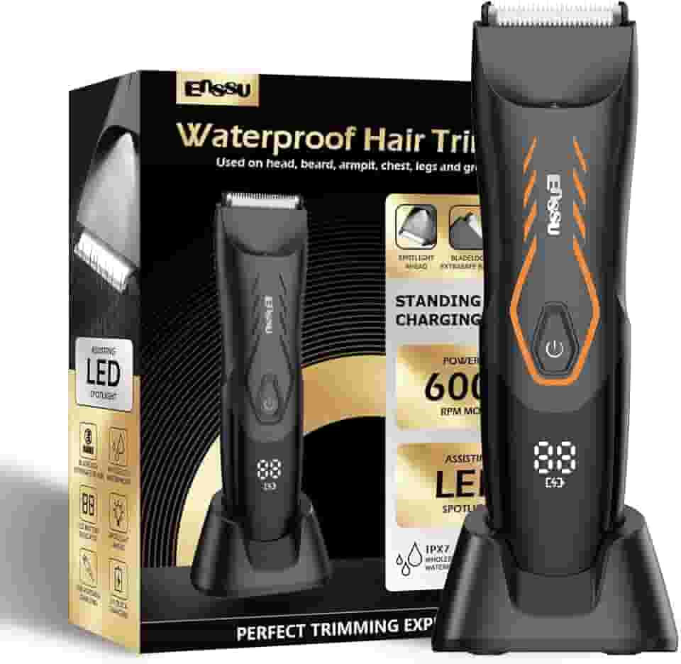 ENSSU Aparador de pelos corporais Manscape para homens, aparador de pelos da virilha pubiana para homens com lâmina segura, barbeador de bolas sem fio masculino com luz, base de carregamento, aparador (laranja)