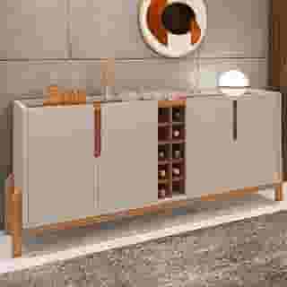 Aparador Buffet Sala Lizz 190cm com Pés de Madeira Maciça Off White/cedro