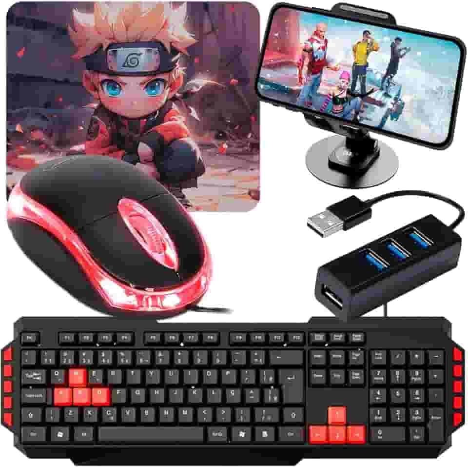Kit Gamer Mobilador Completo Com Teclado 3 Cores + Mouse Óptico + Suporte Celular + Hub usb 4 Portas + Conector OTG (Teclado Vermelho/Tipo C)
